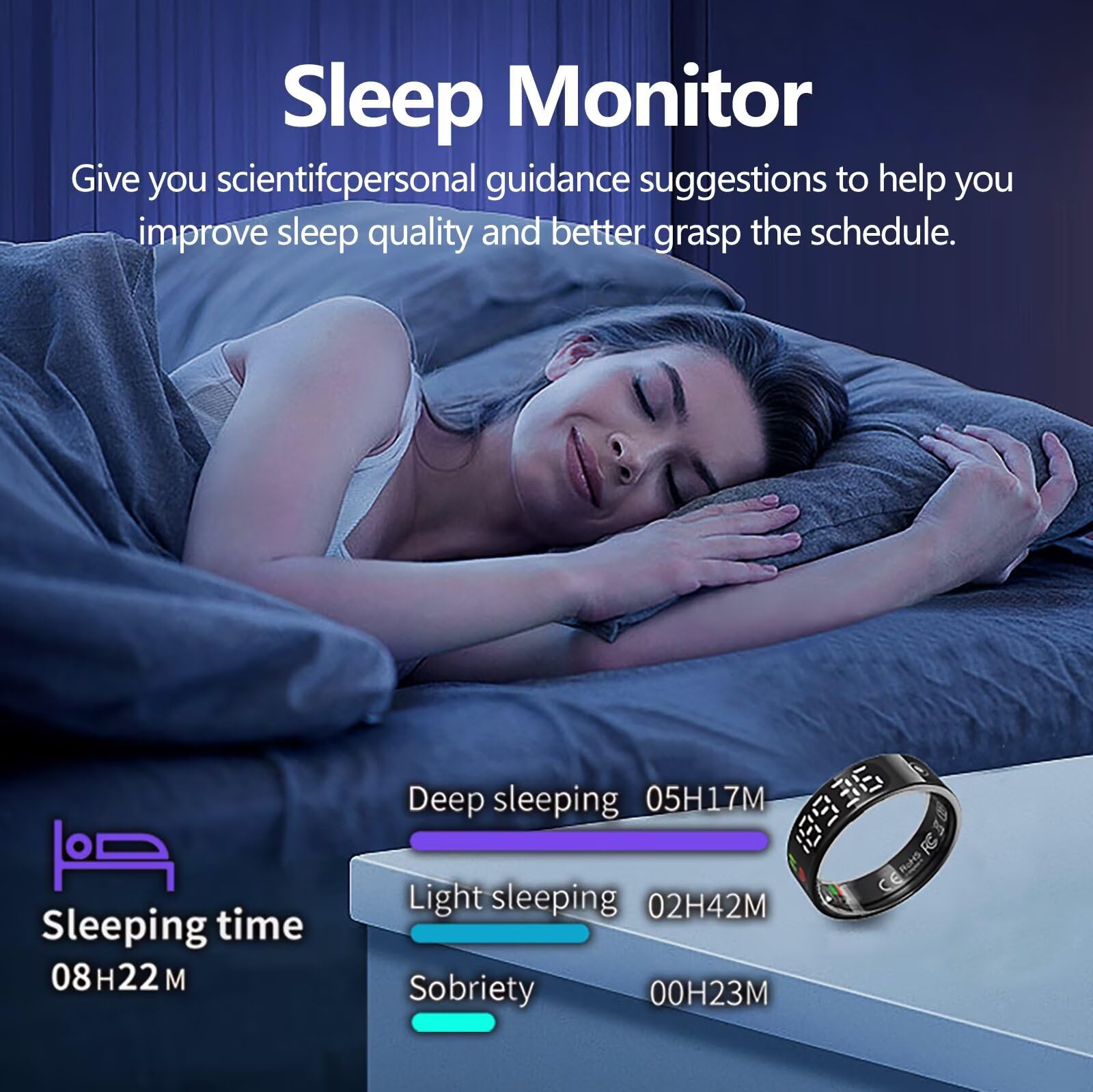 findtime Bague intelligente avec écran - Pour homme et femme - Tracker Android iOS - Anneau de fitness intelligent - Sommeil - Moniteur de fréquence cardiaque - Podomètre - Noir - Or - Argent