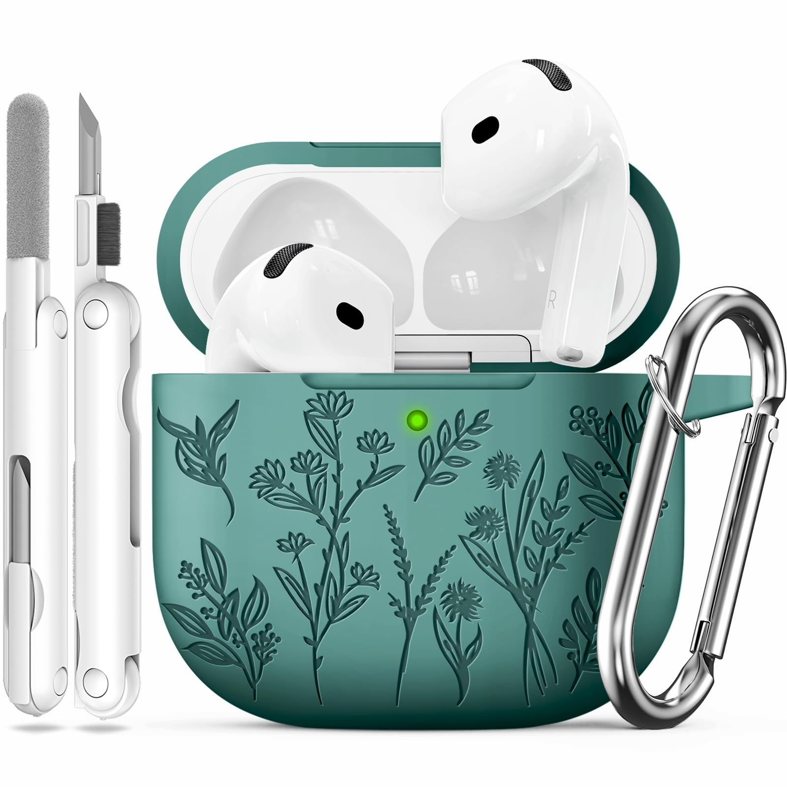 for Airpods 4 Case, Ekoonpft Flower Engraved Cases for Apple AirPods 4th Generation 2024, Soft Silicone Cover for Women Girly with 3-in-1 Cleaning Kit & Keychain, Anti-Scratch, Shockproof