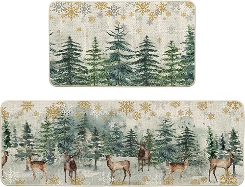 Artoid Mode Juego de 2 tapetes de cocina de Navidad con árboles de Navidad, ciervos, copos de nieve, decoración del hogar, alfombras de cocina de