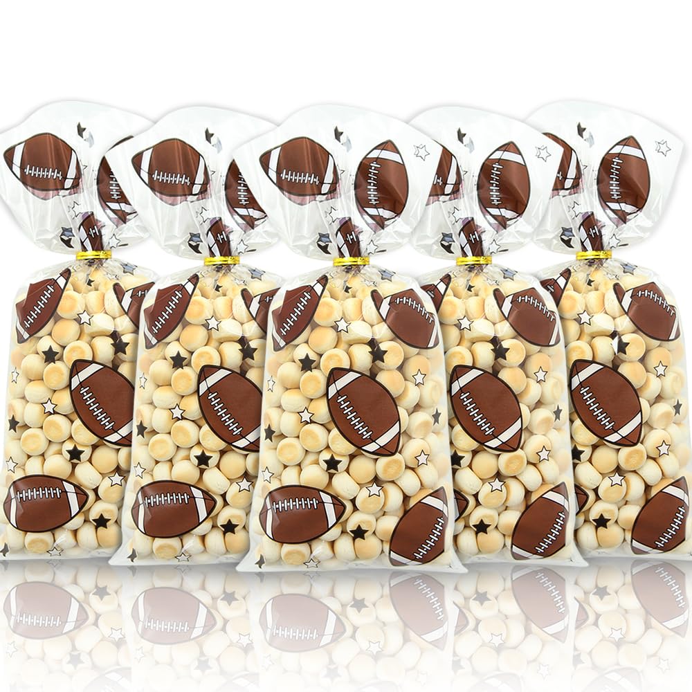 100 Pieces Rugby Goodie Bags, Brown Rugby Ball Star Print Rugby Candy Cellophane Party Favor Goody Treat Bags with Gold Twist Ties, American Football Rugby Sport Themed Gift Snack Bags