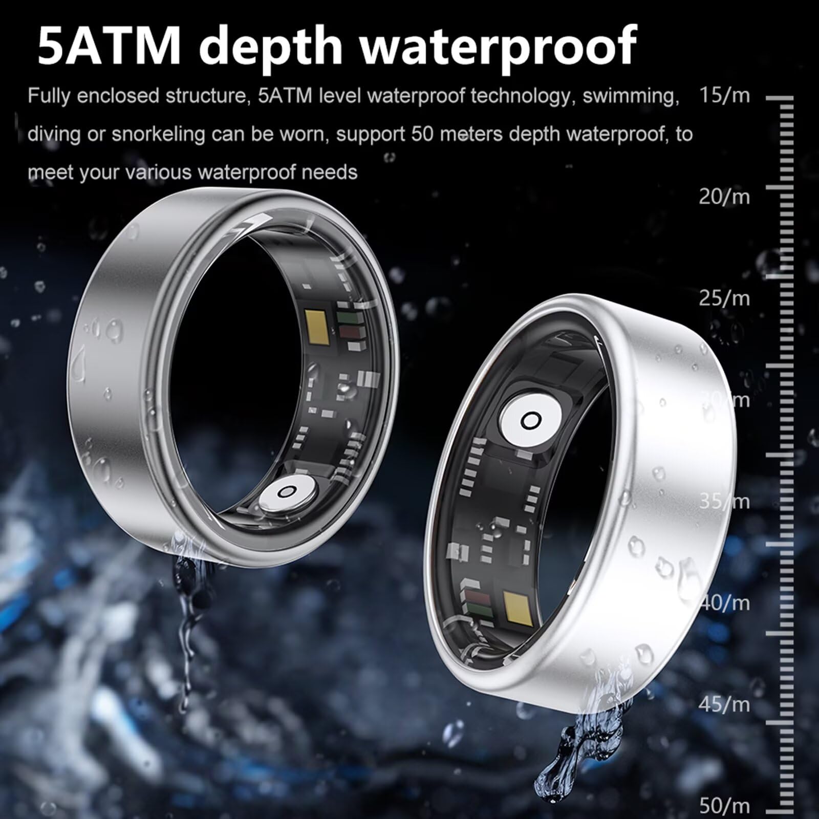 Bague intelligente Android IOS - Pour homme et femme - Suivi du sommeil - Moniteur de fréquence cardiaque - Podomètre - Sport - Bague intelligente - Fréquence cardiaque - Noir, or rose, argent