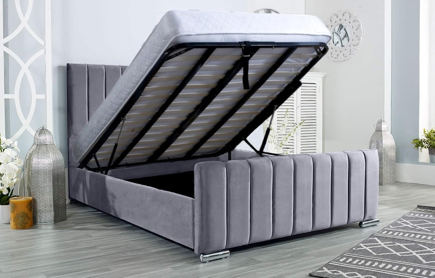 AuGold Beds Upholstered Ottoman Bed 5FT King – Grey Plush King Size Bed ...