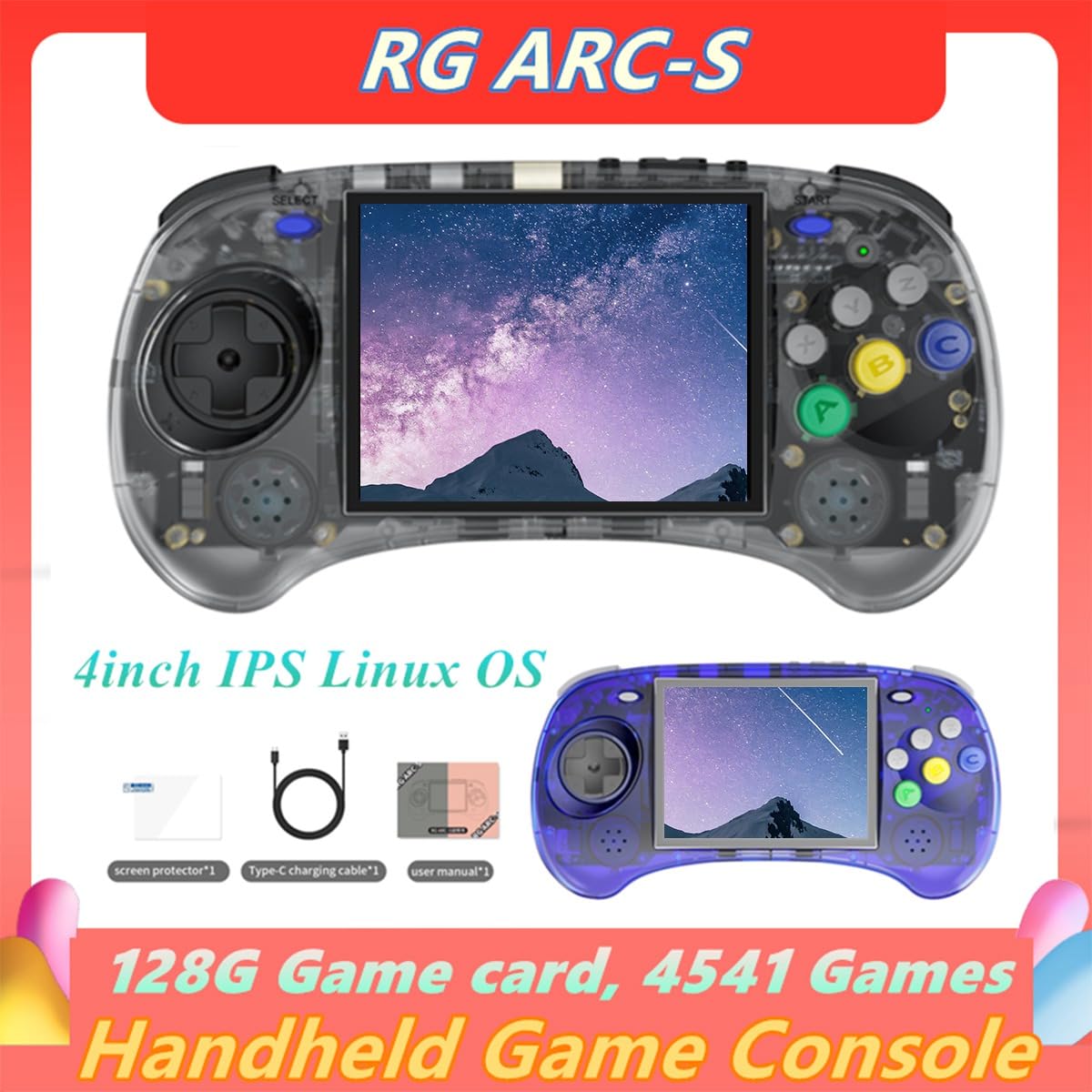 Przenośna konsola do gier RG Arc-S 128G 4 cale IPS Linux OS Sześciokątny Design Odtwarzacze Wideo Retro Uchwyt Przewodowy B