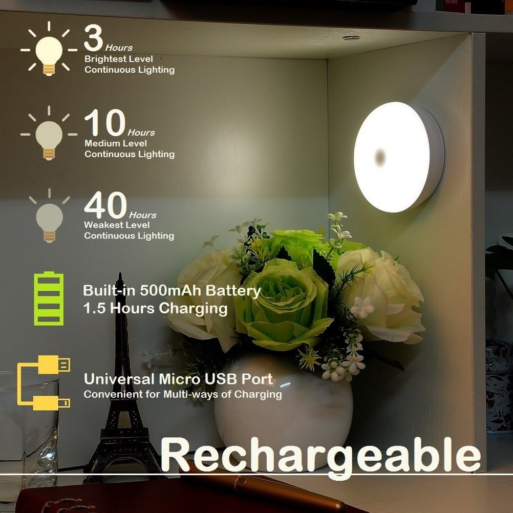 Rechargeable Touch Light, DIY Stick Anywhere Led Night Light Touch Lamp Tap Light (Touch Sensor Switch, Stepless Dimmer, Last Setting Memory, Built-in Battery Powered, Warm White Light)