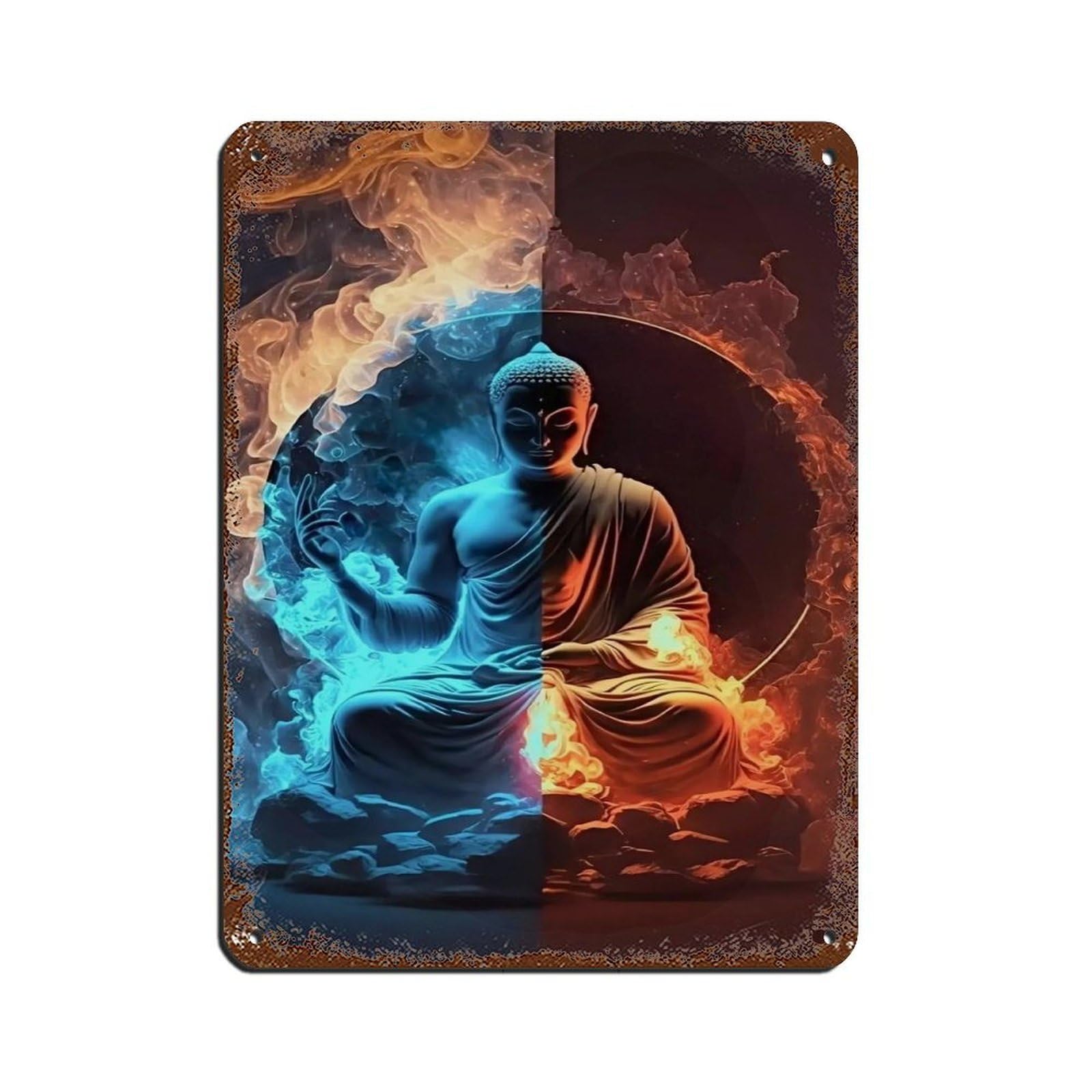 Fire And Ice Buddha – Dynamic Zen, Spiritual Art (2) Tin Sign Vintage Metal Pub Club Cafe Bar Home Wall Art Decoration Poster Retro 12x16inch(30x40cm)