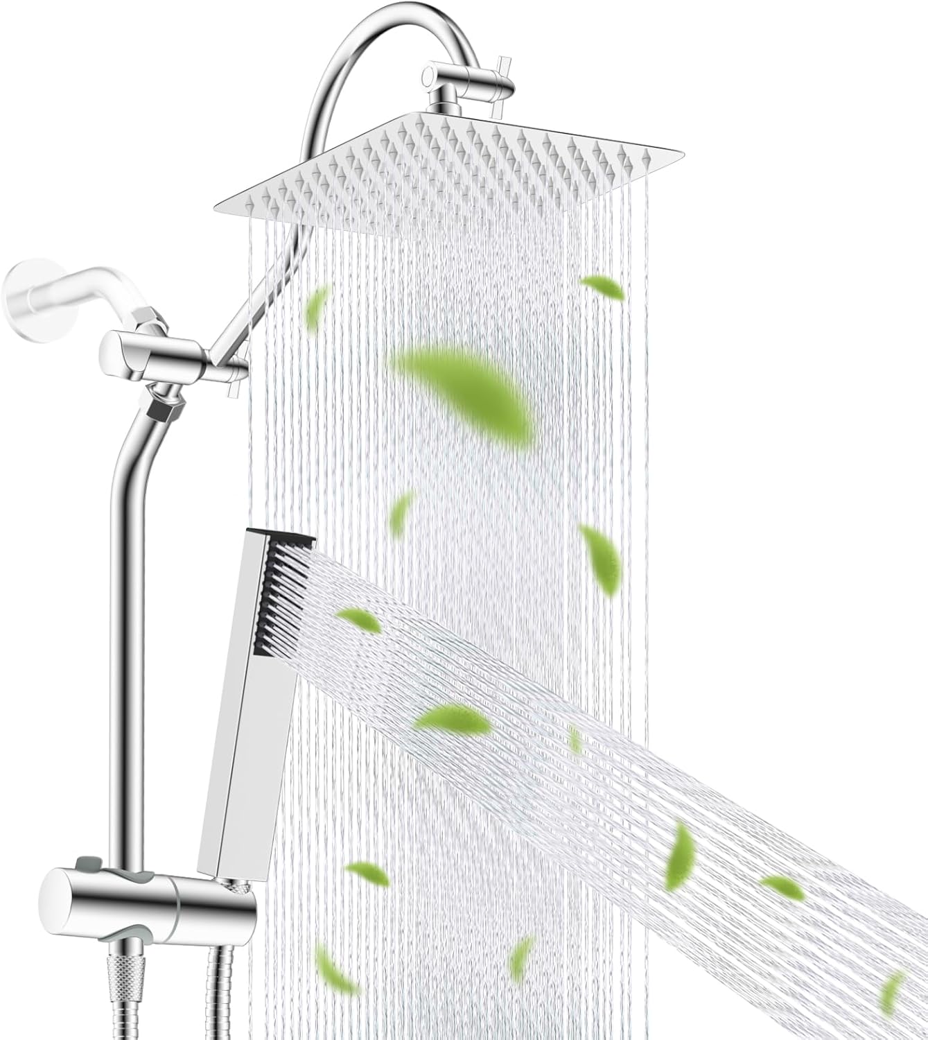 Hibbent cUPC Certified High Pressure 10'' Rainfall Shower Head, Showerhead Combo with 4-mode Handheld Spray, 12'' Adjustable Extension Arm, Extension Bar, Easy Reach Holder, 71'' Hose, Chrome