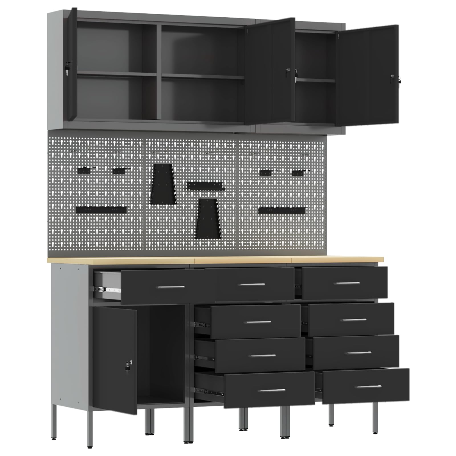 Homogen Werkbank mit Schubladen 8 pcs Schwarz Ingenieure Holz und Stahl 150x55x200 cm Werkstatt Schrank Organizer mit 9 Schubladen und Lochwand für Garage Hobbyraum und Baustelle