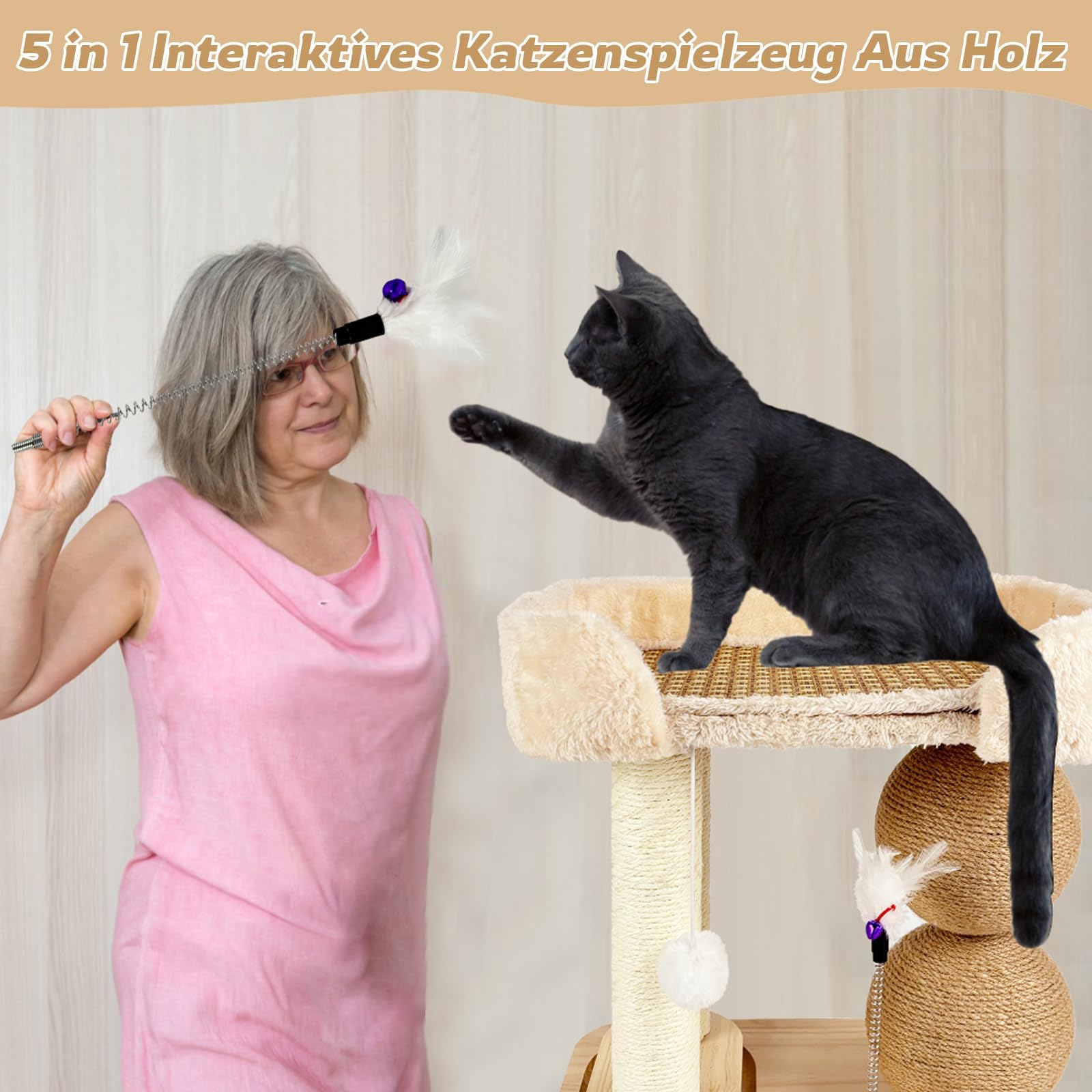 Juguete interactivo para gatos de madera 6 en 1, muebles para gatos con bolas colgantes, bola giratoria Smart Track Ball, alfombrilla de refrigeración para cama de gatos, plumas, árbol rascador de