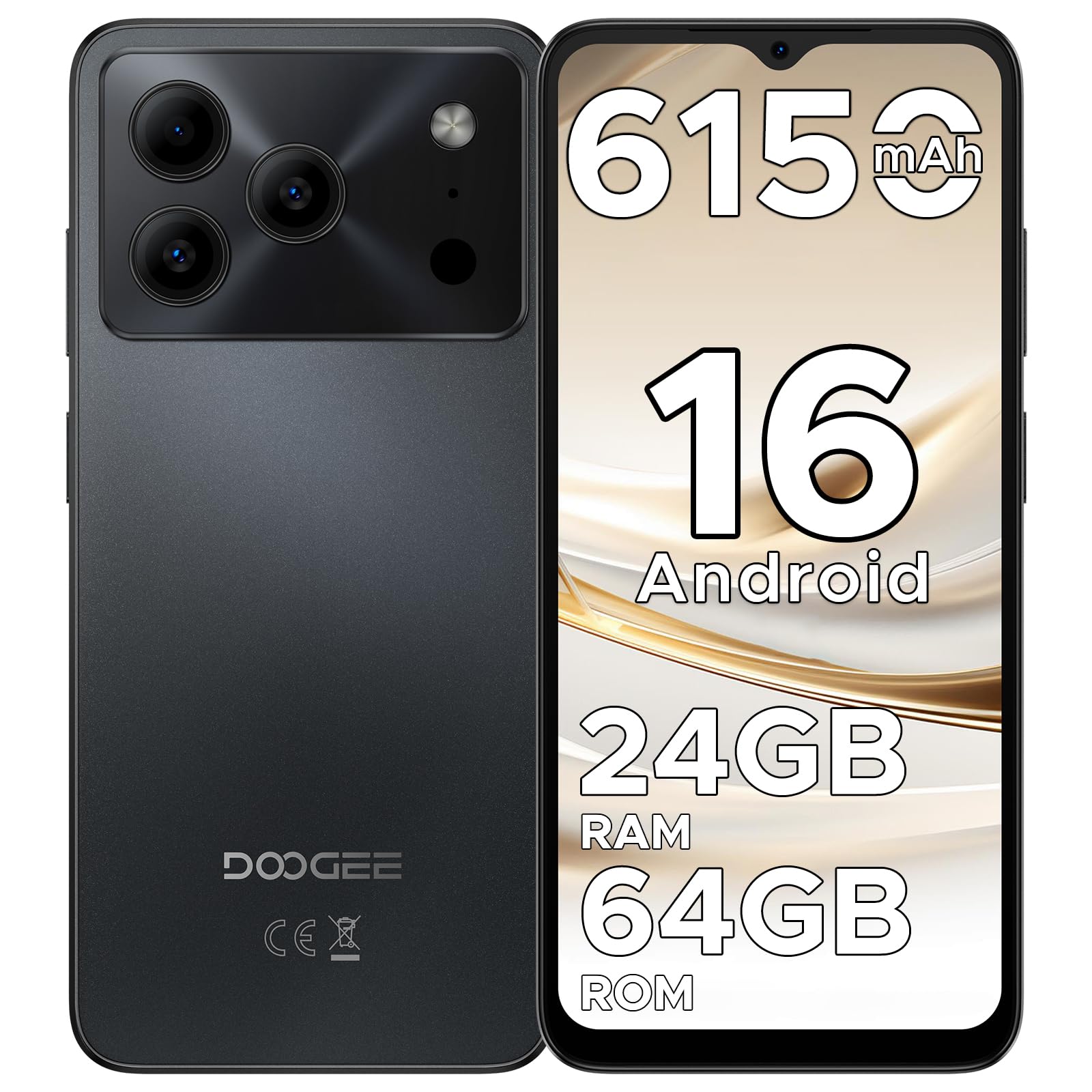 DOOGEE Note 56 Smartphone Android 16, 6150 mAh, 8.45 mm Ultrasottile, 6.56" HD + 90 Hz IPS, 24 GB + 64 GB/2 TB TF, 4G Smartphone 2025,Telefoni Android, Dual SIM/Octa Core/OTG/Face ID/GPS, Nero