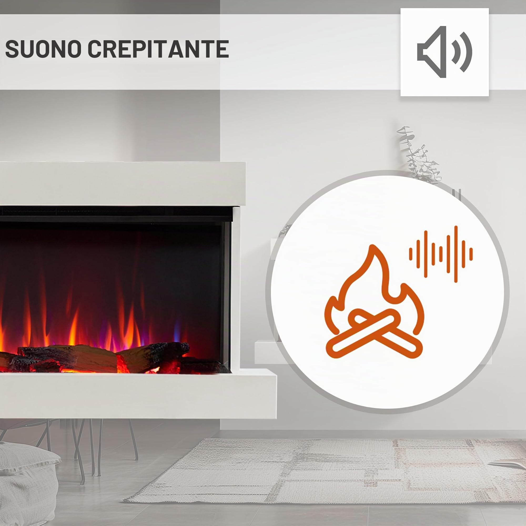 BALDERIA Camino elettrico Achilles L | Camino elettrico da parete con effetto fiamma 3D | Riscaldamento 1500 W, illuminazione a LED, WiFi, controllo app, suono scoppiettante, telecomando, timer e