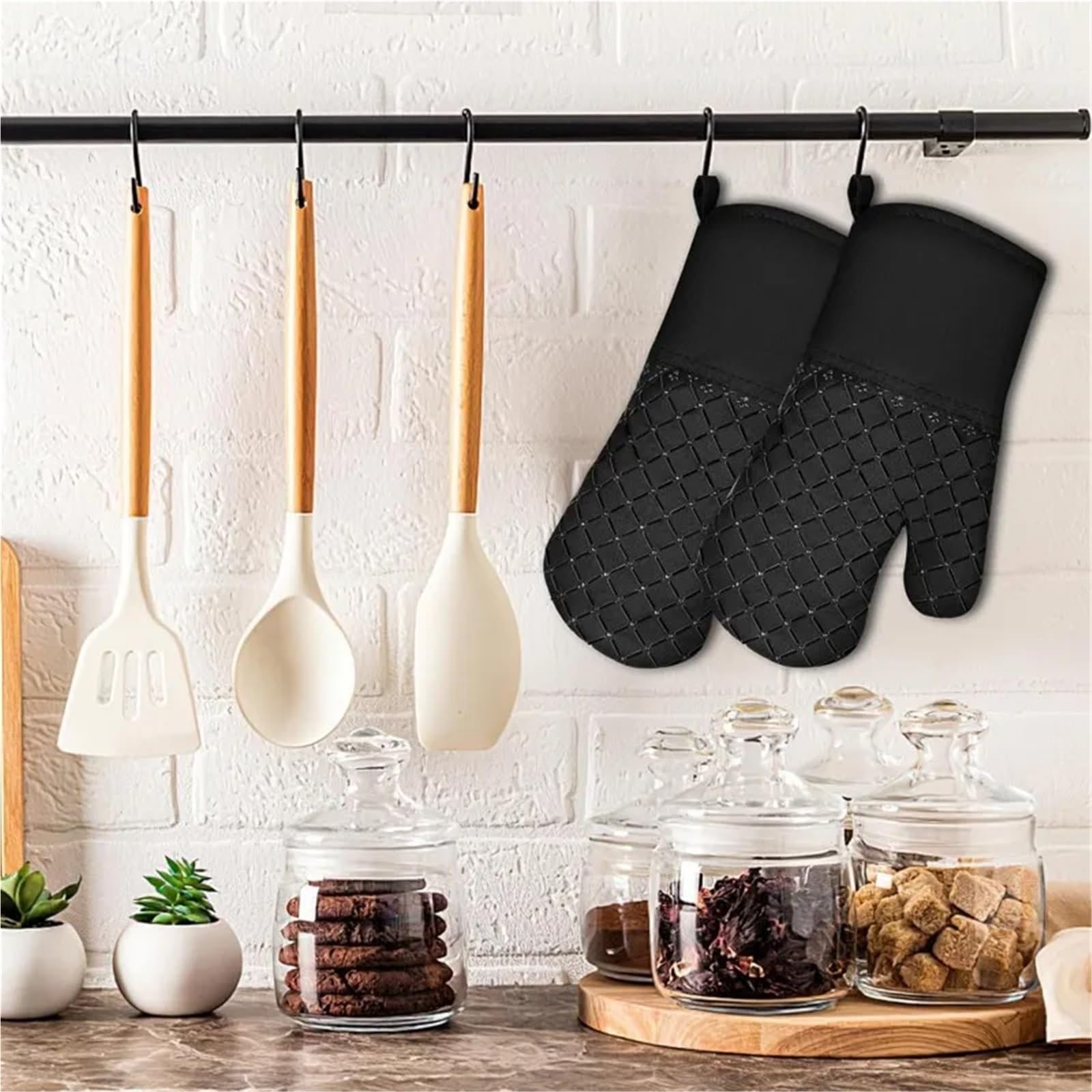 Ofenhandschuhe 2 Stück Handschuhe for die Küche, hitzebeständige, weiches Baumwollfutter, rutschfeste Ofenhandschuhe mit Silikonstreifen