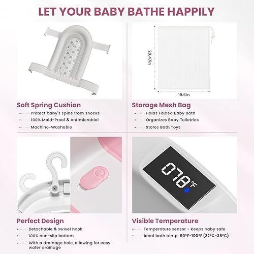 Miniatura 5 de Collapsible Baby Bathtub, Baby Tubs for Newborns with Soft Cushion & Thermometer & Toy Organizer Mesh Bag, Infant Bathtub to Toddler 0-36 Months,