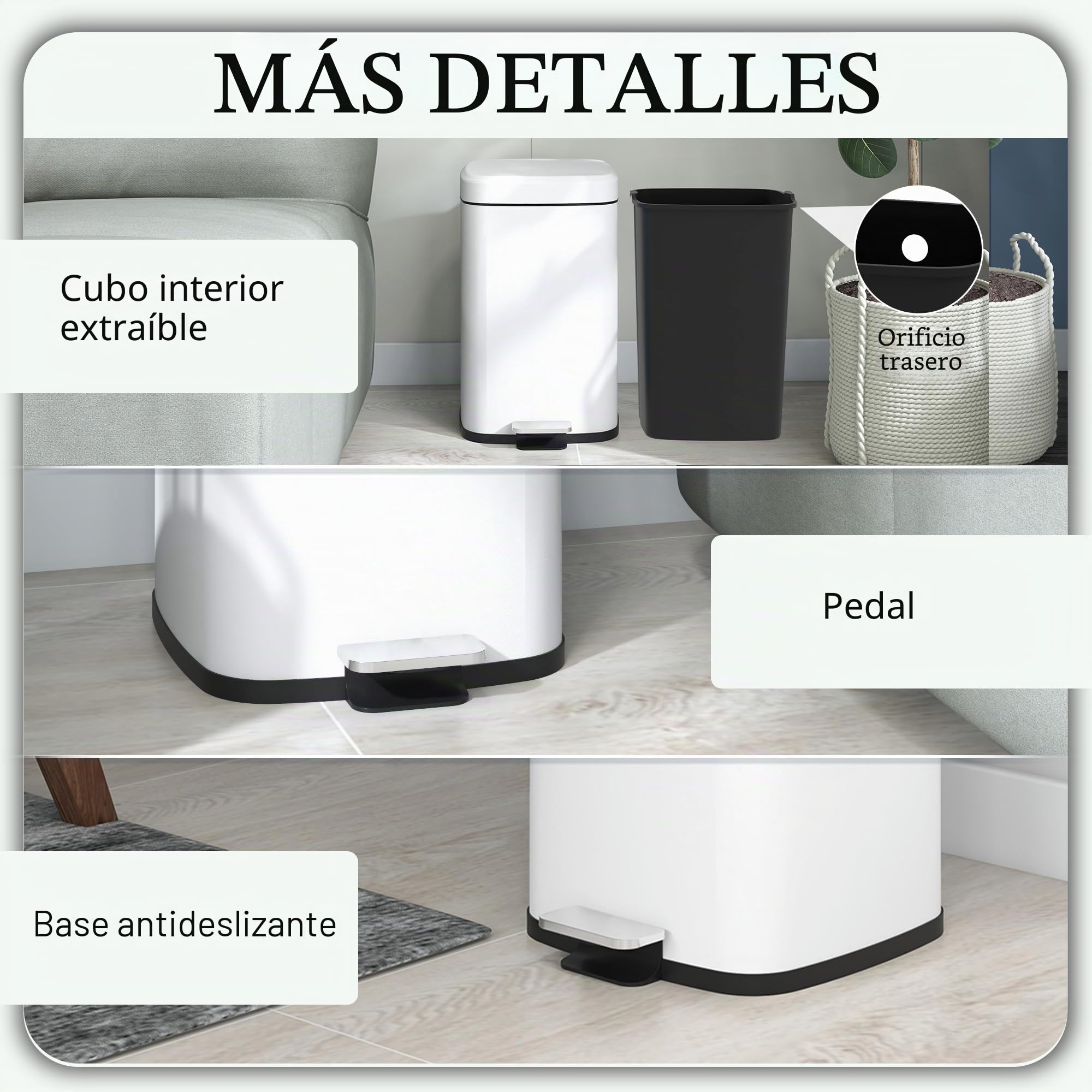 HOMCOM Cubo de basura cocina 20L Pedal 28x35x45cm Blanco | Acero inoxidable, cierre suave, compacto, cubo interior extraíble