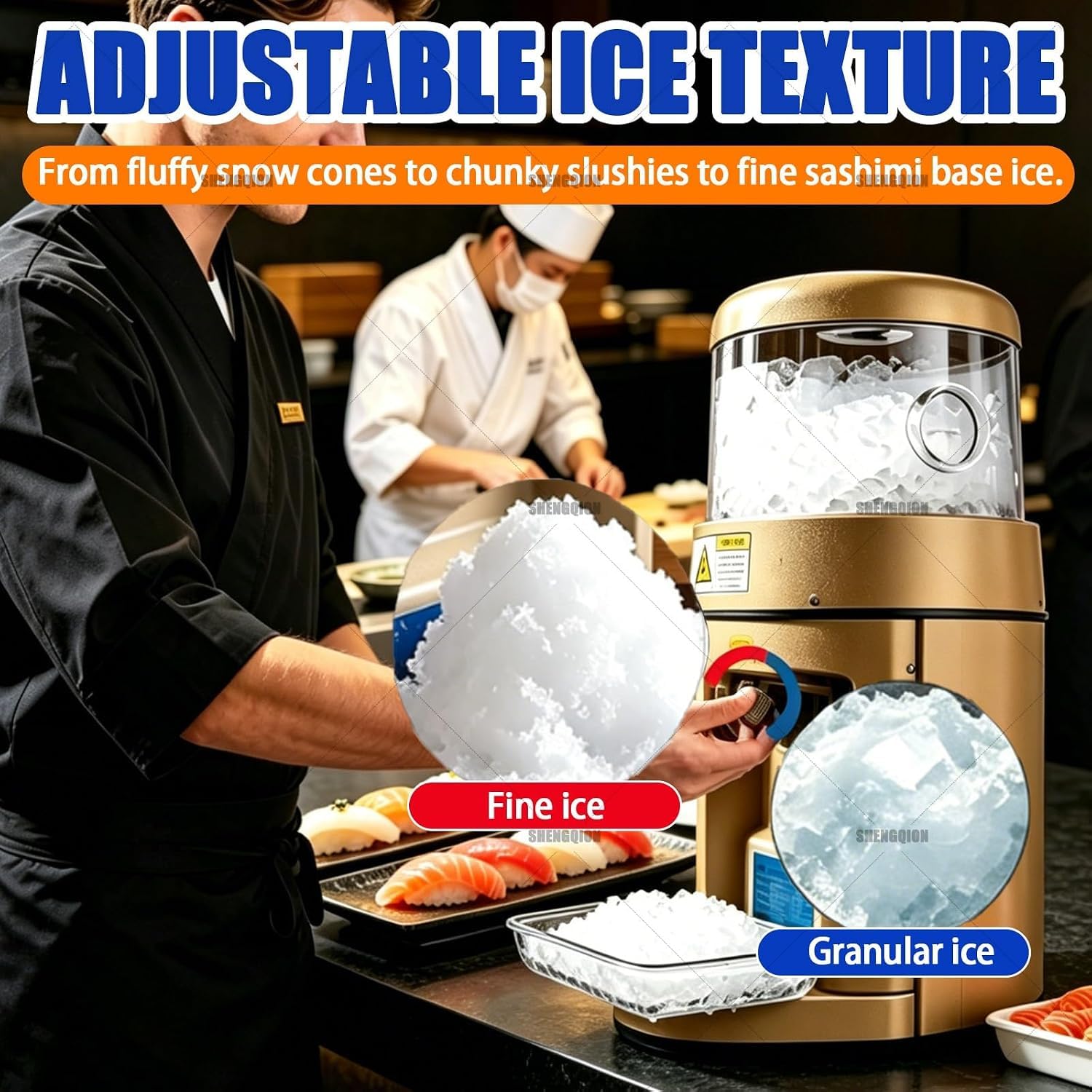 Broyeur à glace électrique 480 W avec seau de 15 l, à granita anti-bourrage à inversion automatique, texture ajustable centres commerciaux et événements en plein air.