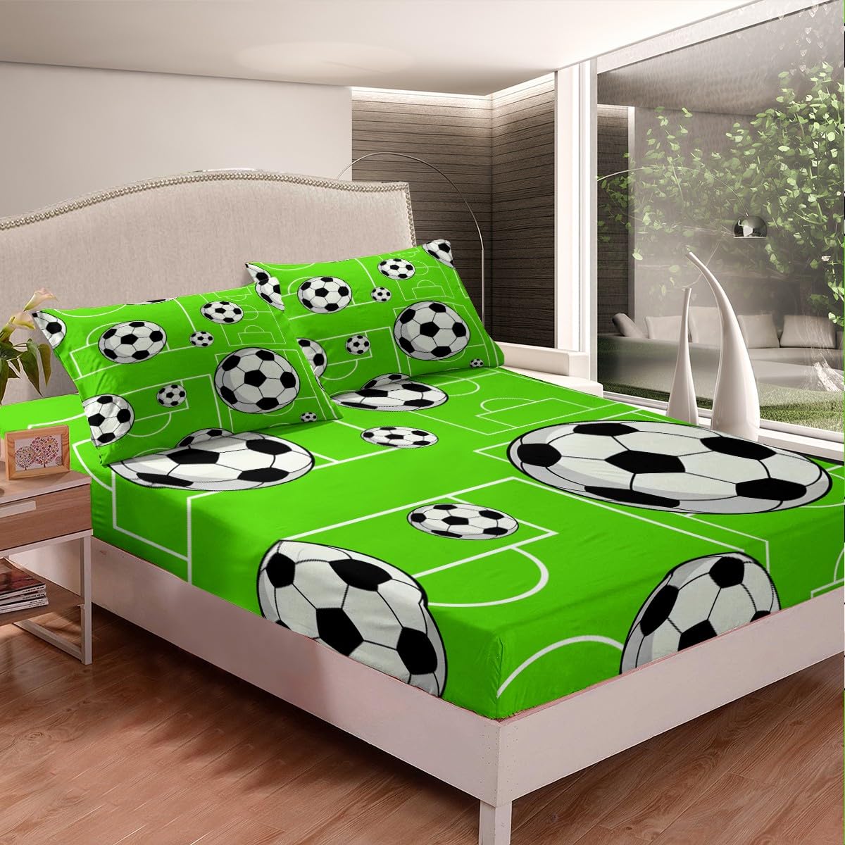 jejeloiu Kids Football Fitted Sheet Queen Size, Rugby Sports Bedding Set Soccer Ball Game Bed Sheet Set Boys Girls Teens Bedroom Decor 3Pcs (No TOP Sheet)