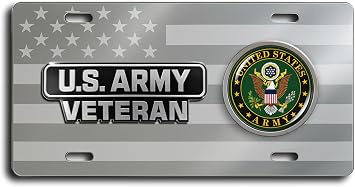 BestLicensePlateFrames - US Army Veteran 4-Hole Patriotic American Flag Polished Stainless Steel License Plate with Emblem - Durable Military Tribute Auto Tag - Officially Licensed U.S. Army Product