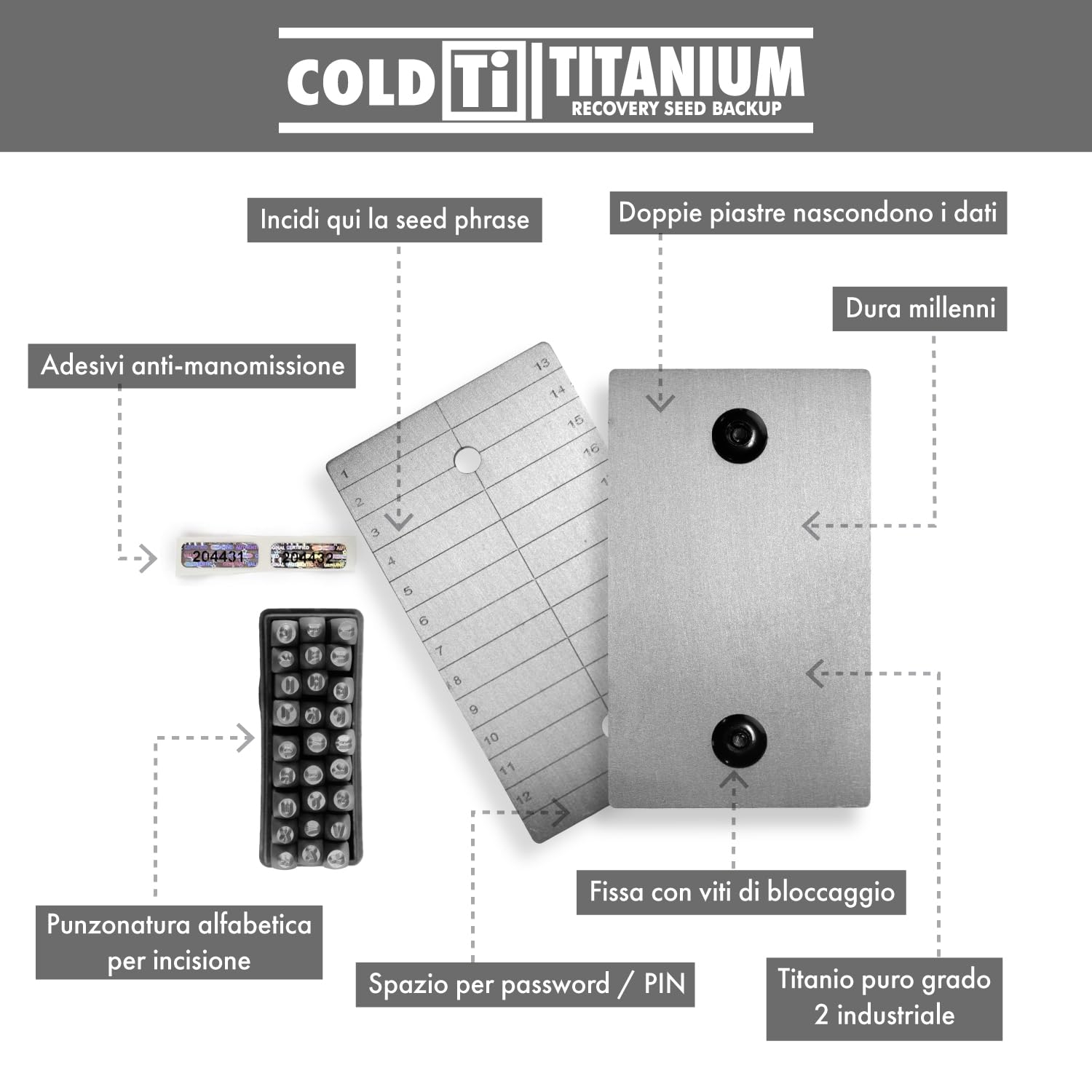 ColdTi - Piastra in Titanio per Seed Phrase Bitcoin (2 Piastre + Lettere + Sigilli) - Archiviazione Sicura per Criptovalute - Compatibile con Ledger, Trezor e Hardware Wallet