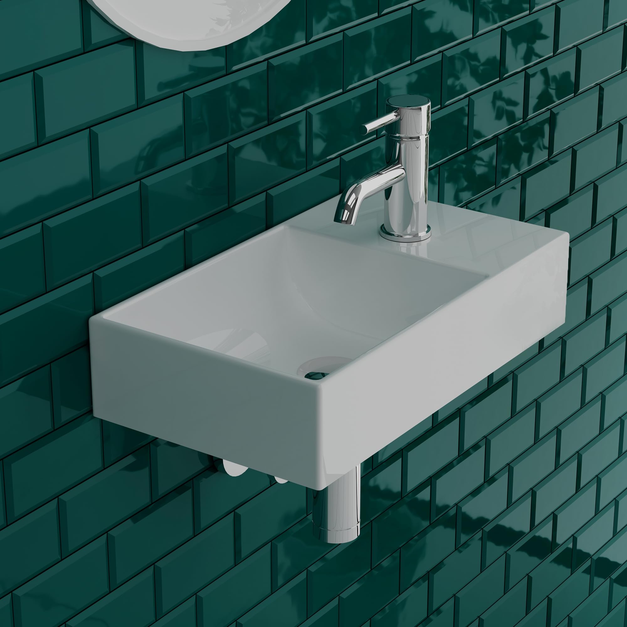 Alpenberger Mini Waschbecken Eckig | Badwaschbecken aus Sanitärkeramik mit Links Becken | Gästeklo Waschbecken zur Wandmontage | Badezimmer Waschtisch Rechteckig in Weiß mit Ablagefläche Rechts