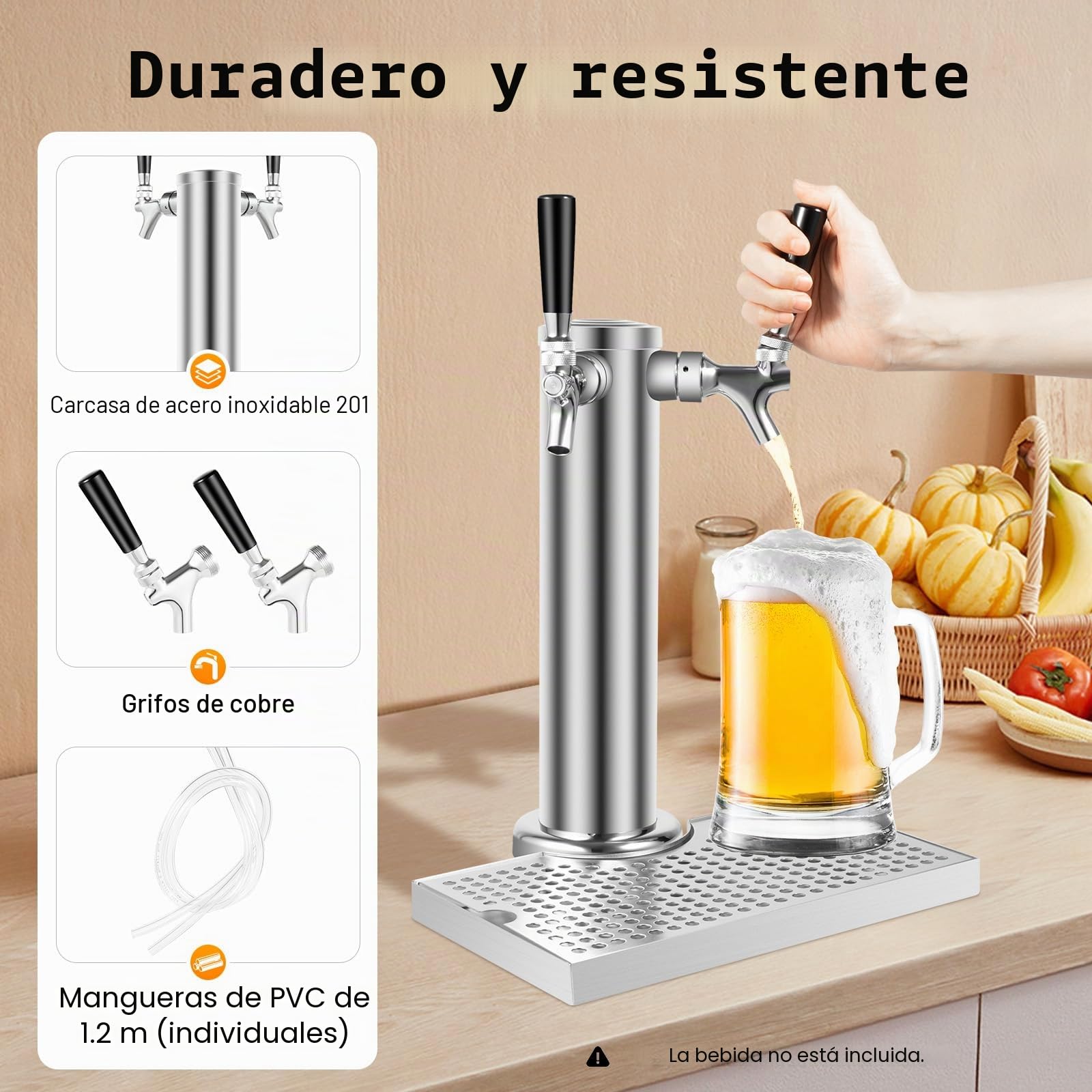 Sistema de grifo de cerveza con 2 grifos y bandeja de goteo, dispensador de bebidas de acero inoxidable para bares, apartamentos y hoteles
