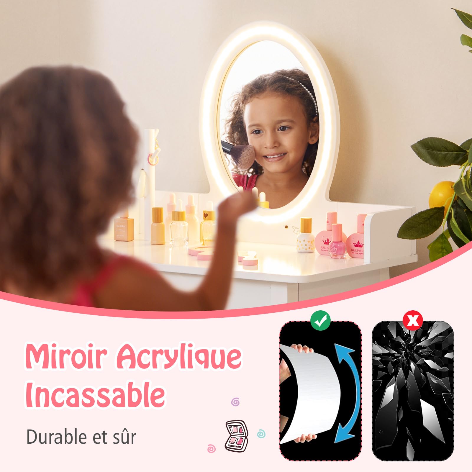 COSTWAY 2 en 1 Coiffeuse Enfants avec Miroir LED & Tabouret, Table de Maquillage avec Tiroir & Organisateur en Forme Arbre, Dispositif Anti-basculement, Charge 50kg pour Enfants de 3-8 Ans