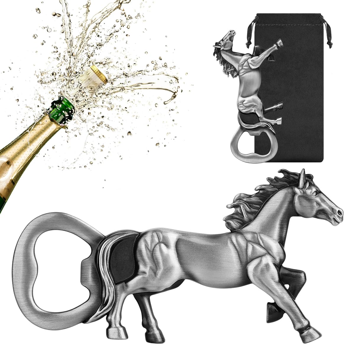 LULLEA Horse Beer Bottle Opener, Equestrian Gifts Horse Gifts for Women Men, Ideal for Race Day Birthday Christmas Holiday Home Decor, Silver Beer Accessories with Bag