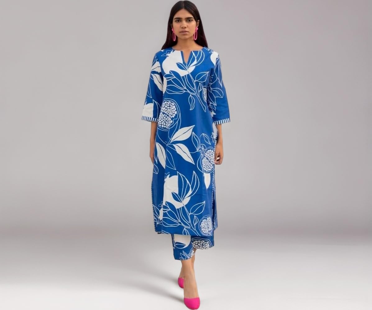 GoSriKi Women's Cotton Blend Straight Printed Kurta with Pant