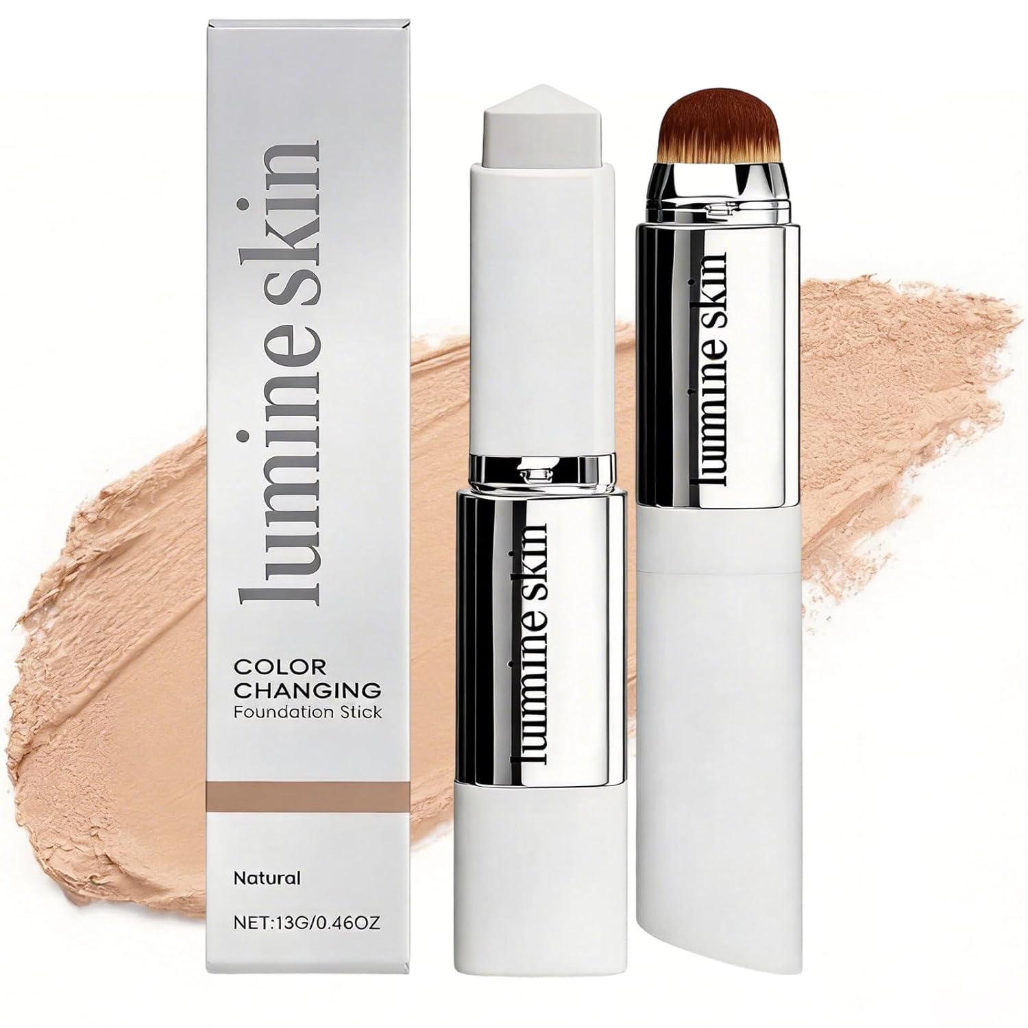 Color Changing Foundation Stick, Dual-Ended Korean Skin Care Foundation Stick, Detachable Brush, Full to Medium Coverage Base Hydrating Makeup Portable & Travel-Friendly (Natural)