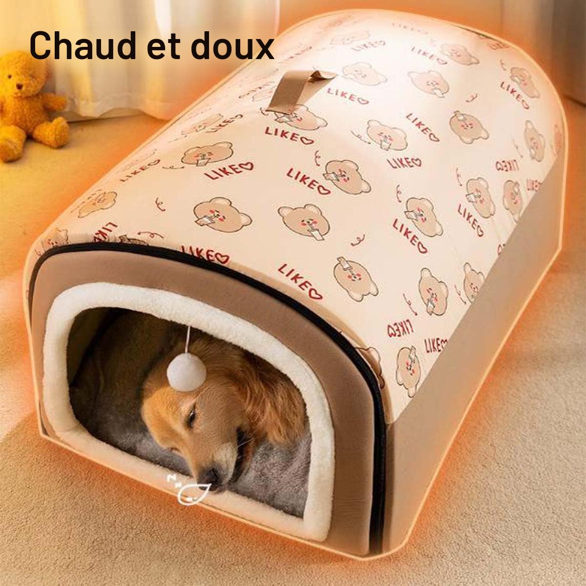 Niche 2 en 1 pour chiens avec coussin anti-anxiété doux et chaud, niche apaisante pliable, lit igloo antidérapant, amovible et lavable (L: 60 x 45 x 40 cm)