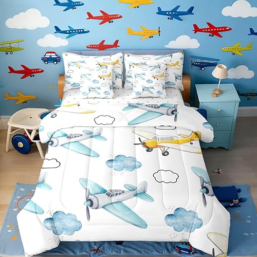 Erosebridal Vintage Airplane 7 Piece Comforter Set Full Bed in A Bag,Colorful Pl