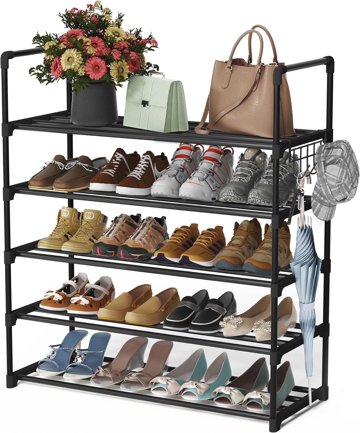 HOMICKER Shoe Rack,5 Tier Shoe Organizer Large Shoe Storage with Hooks,Fit 20-25 Pairs Shoes,Mental Shoe Shelf for Closet,Entryway,Garage,Bedroom
