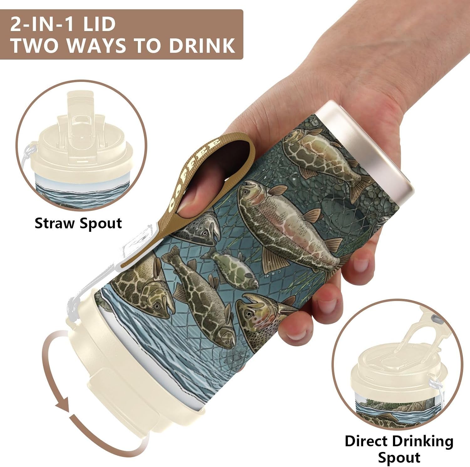 Insulated Coffee Mug Trout Wild River with Straw & Flip Lid, 16.9oz Iced Tumbler Cup, Double Wall Vacuum Mug for Travel Office Camping