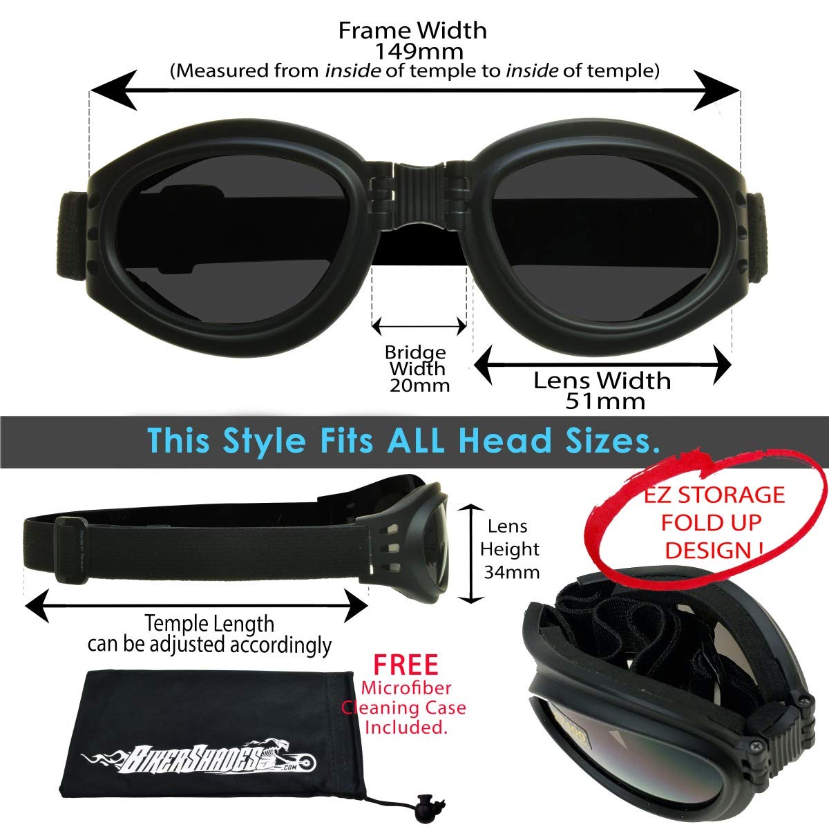 Bikershades Bifocal Sunglasses Motorcycle Goggle Readers Foldable Dark Grey Lens +2.00 Pack of 2 Pairs Biker Riding Sport Wrap Glasses Windproof Foam Cushion Adjustable Strap Free Case