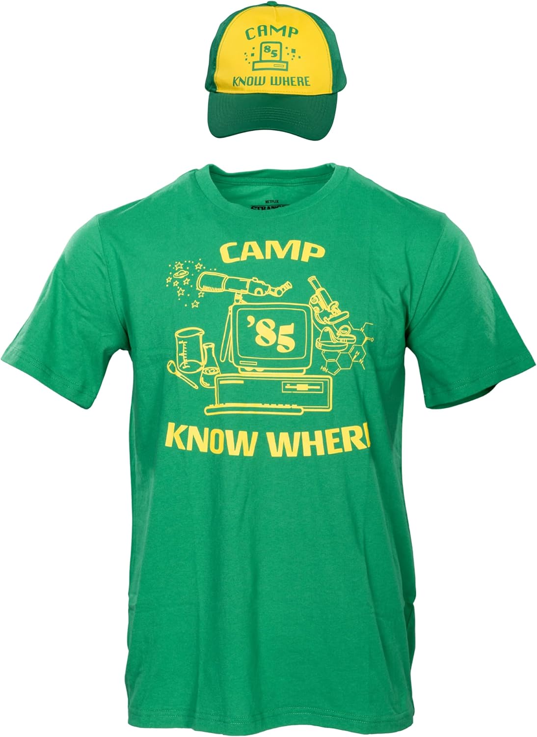 Stranger Things Dustin Camp Know Where Adult Halloween Costume T-Shirt and Hat Set Cosplay - Officially Licensed