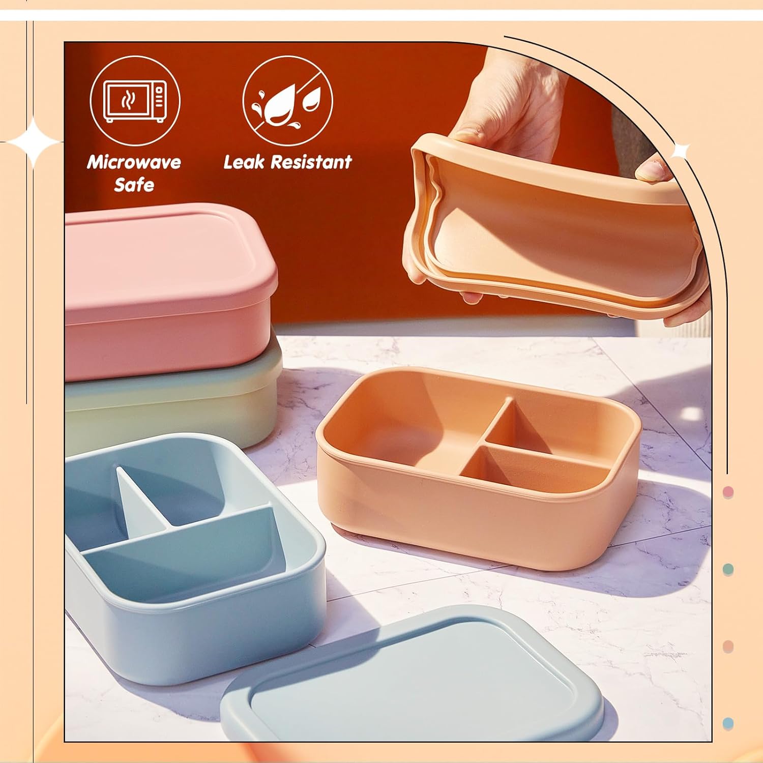 Layhit 4 Pcs Silicone Bento Box Reusable Silicone Bento Lunch Container for Adults Microwave Dishwasher Freezer Safe (3 Compartments,Dark Colors)