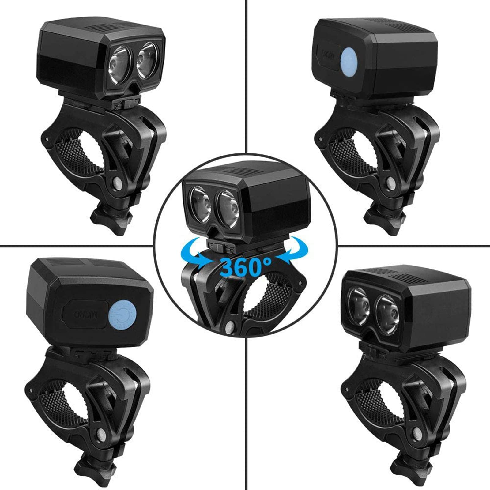 Latarka rowerowa LED marki Frontlight. Akumulator USB do roweru górskiego, mini jasne światło rowerowe, 600 lumenów, 5 trybów świecenia, akumulator 1200 mAh, wodoodporne reflektory rowerowe do roweru