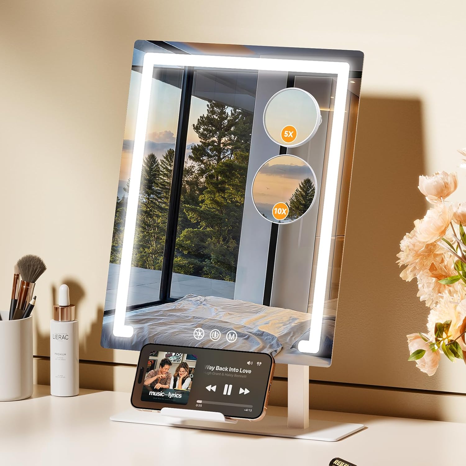 Gospire Lighted Makeup Mirror, Hollywood 4000mAh Rechargeable Vanity Mirror with 5X/10X Magnification, 3-Color Dimmable Lighting, Touch Control, Phone Holder, 11”x16.8” LED Tabletop Mirror for Bedroom 16.8"L x 11"W