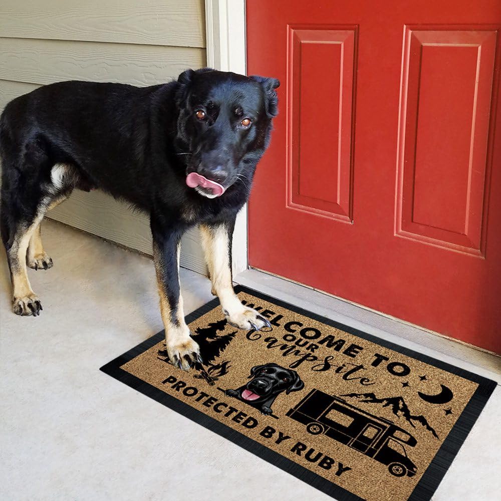 Personalized Welcome to Our Campsite Door Mat Protected by Dorable Pit Bull Dog RV Camping Doormat Camper Floor Mat for Outdoors 23.6"x15.7"