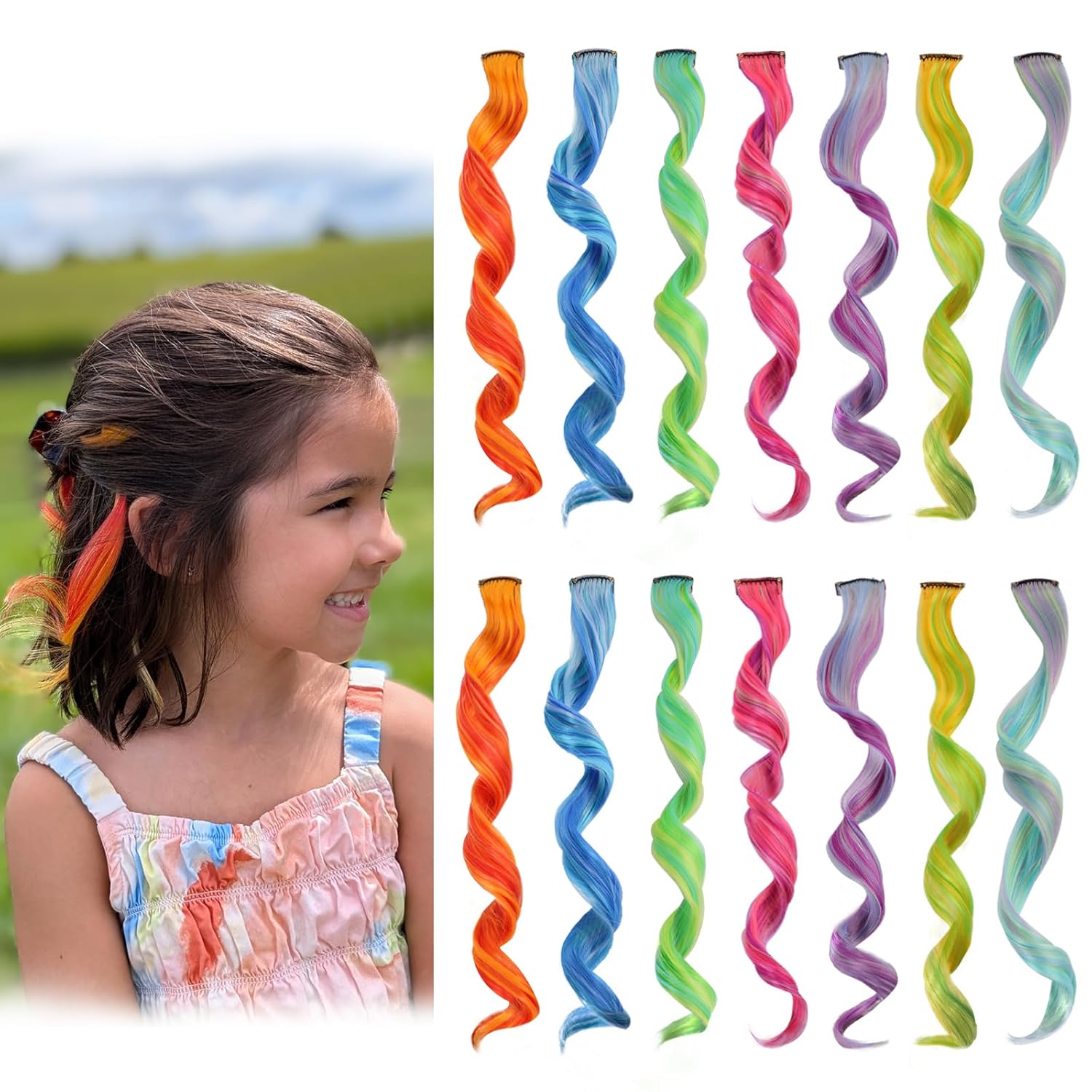 Colored Hair Extensions for Girls, Clip in Hair Pieces for Kids, Rainbow Hair Attachments for Girls, 14 PCS