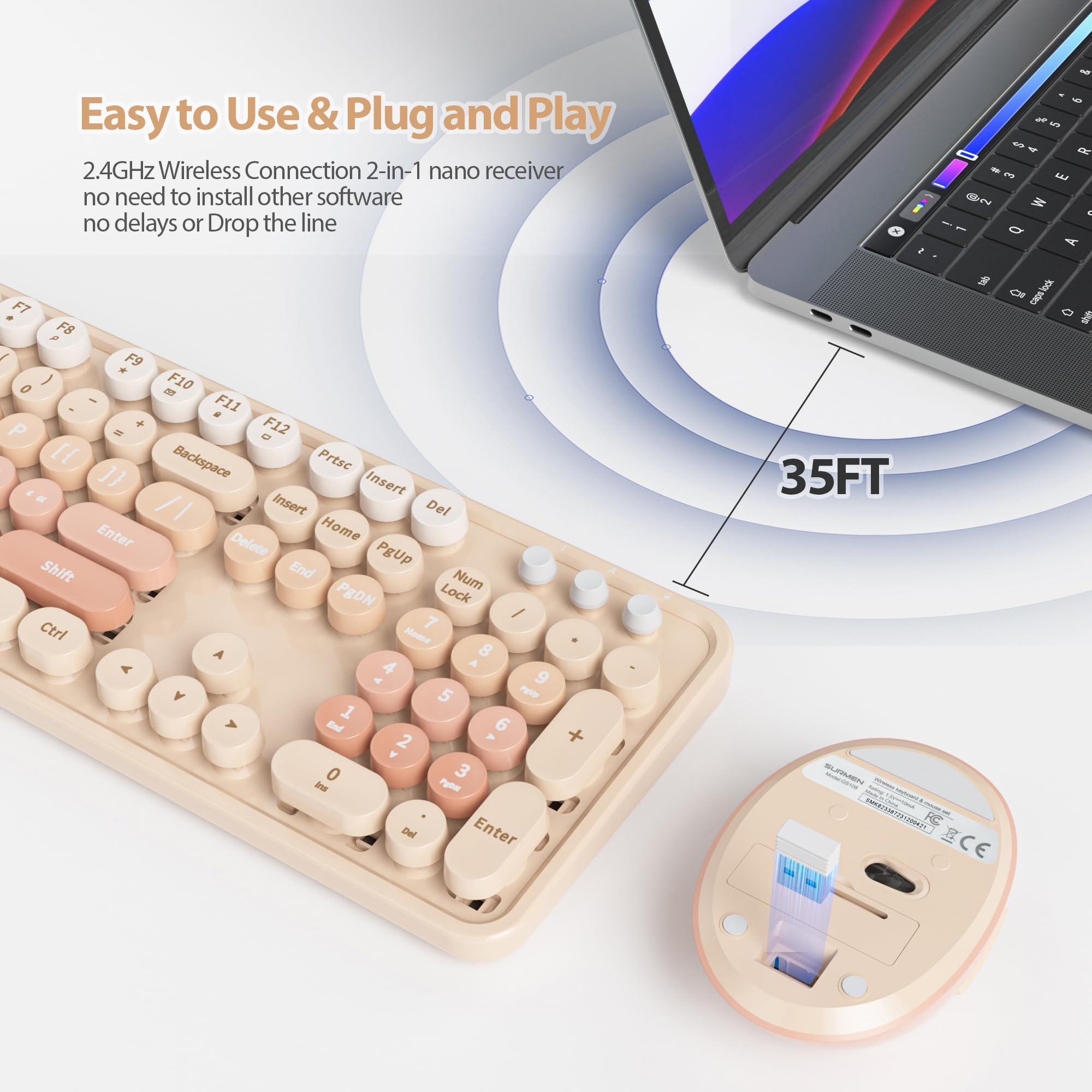 SOLIDEE Zestaw Klawiatura i Mysz,Klawiatura Maszynowa Komputerowa z Okrągłymi Klawiszami 2.4GHz z Numeryczną Klawiaturą,Ergonomiczna Klawiatura 104 Klawiszami(US Layout QWERTY)(Orange Gradient)
