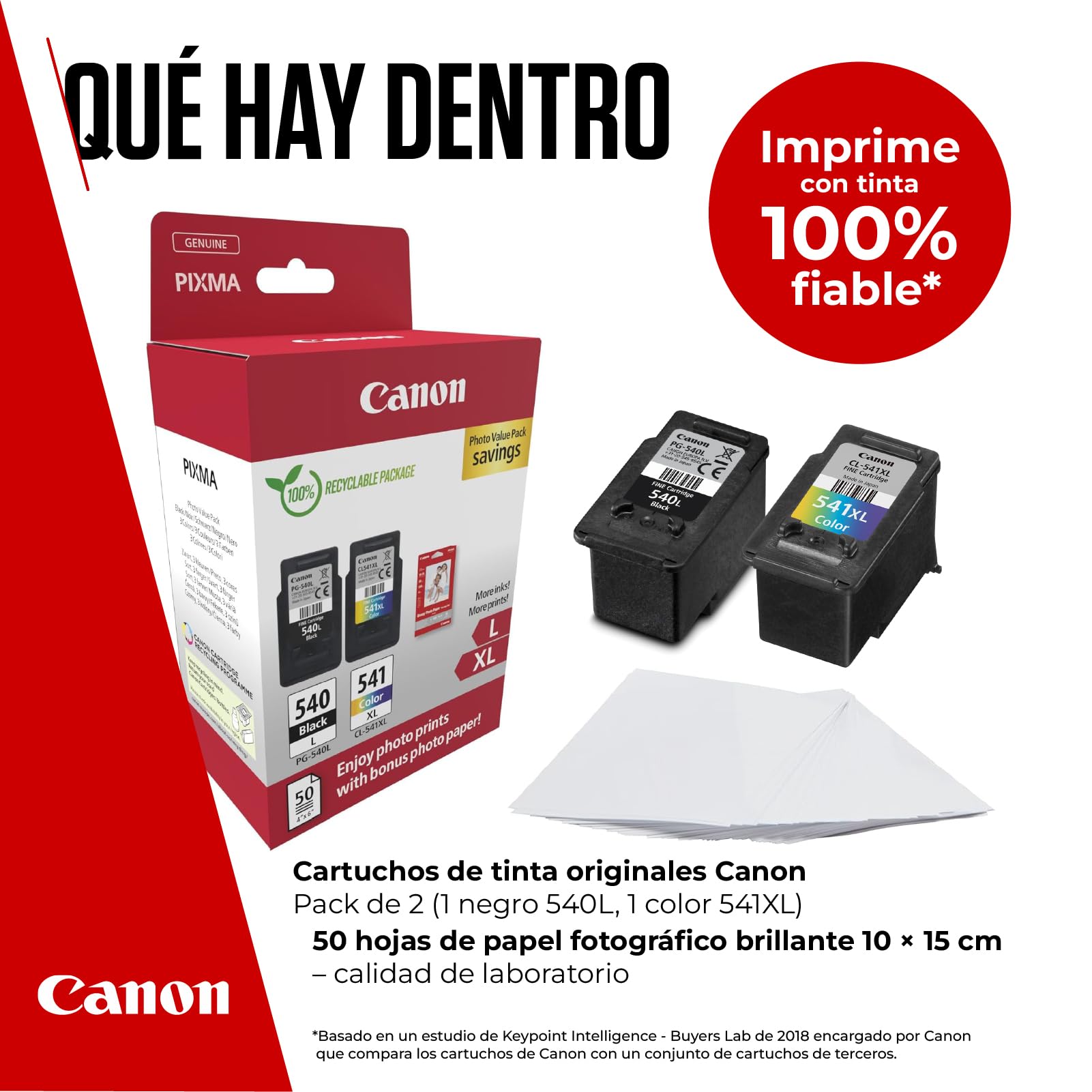 Canon PG-540L + CL-541XL, Cartuchos de Tinta Original, 1 Cartucho de Tinta Independiente en Color Negro y 1 Cartucho Multicolor, Incluye 50 Hojas Papel Fotográfico 4 x 6