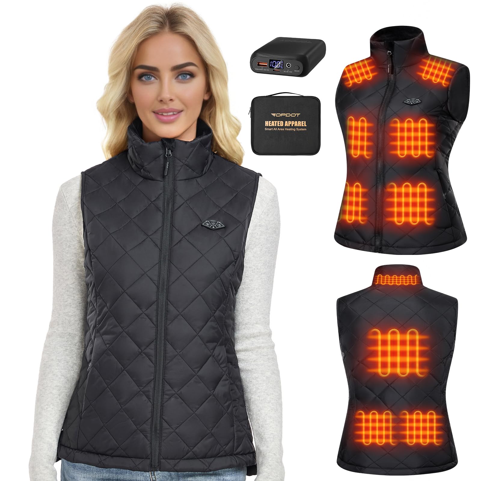 Topdot Gilet Riscaldato Donna con Batteria 7.4V 16000mAh, 10 Zone di Riscaldamento, Elettrico Gilet Termico Leggero con 3 Temperature per Ciclismo, Lavori All'aperto