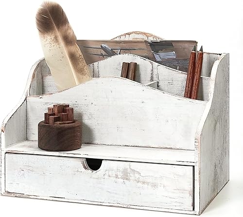 Organizador de correo de madera de pino para escritorio, soporte retro de correo de granja para encimera con cajón y divisores, soporte de letras de