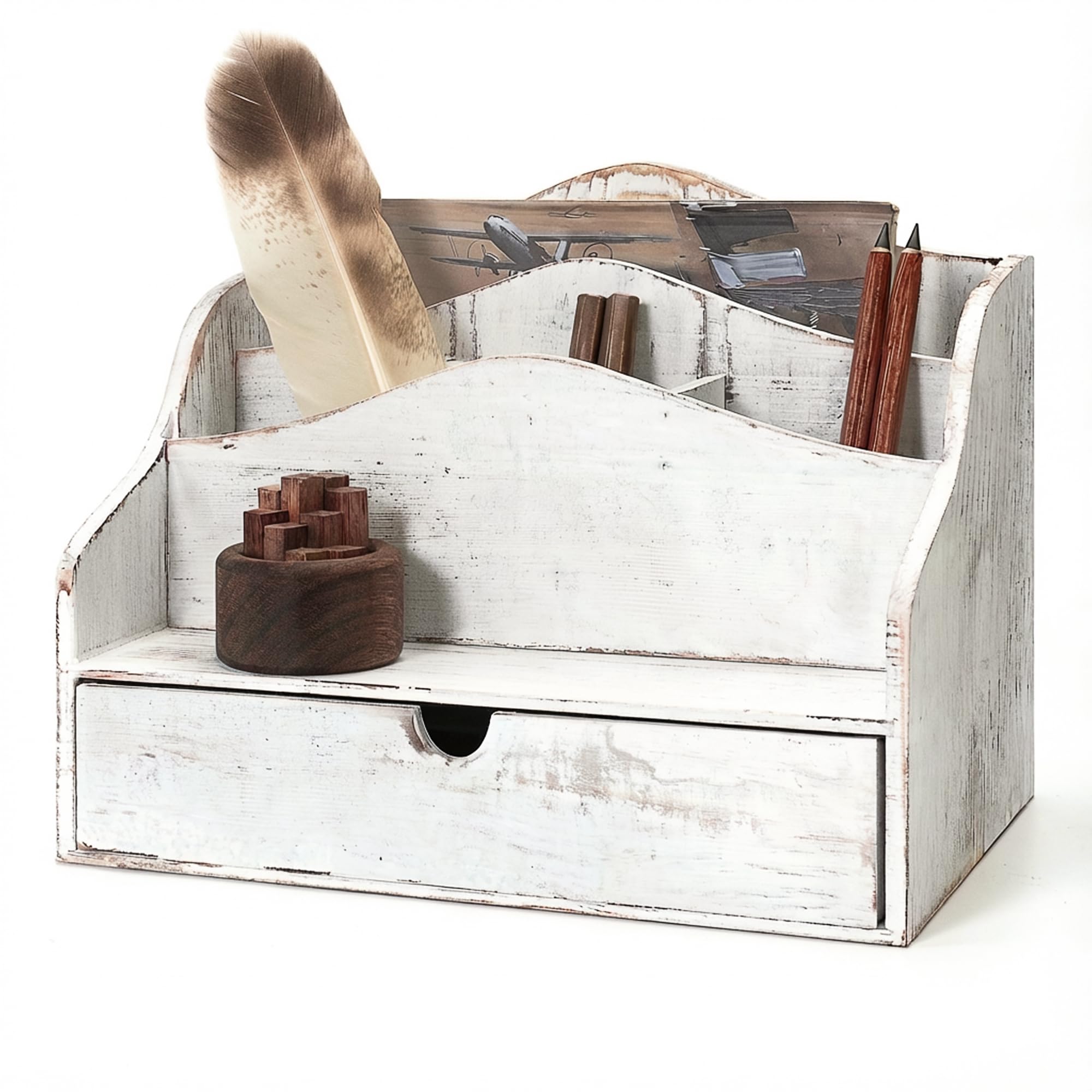 Organizer per posta da scrivania, in legno di pino, stile retrò, con cassetto e divisori, con 4 scomparti, per documenti e accessori da ufficio, organizer per ufficio per la decorazione della casa