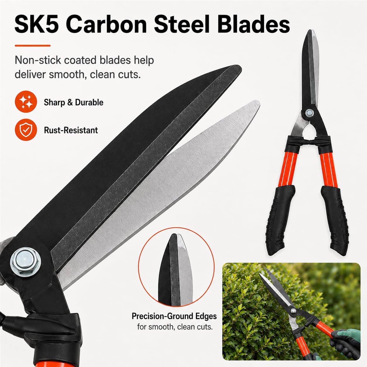 GOOGO Cisailles à haies 59.5 cm, cisaille de jardin avec lames en acier au carbone SK5, amortisseurs et poignées ergonomiques, pour la taille et la mise en forme des haies, arbustes et buissons