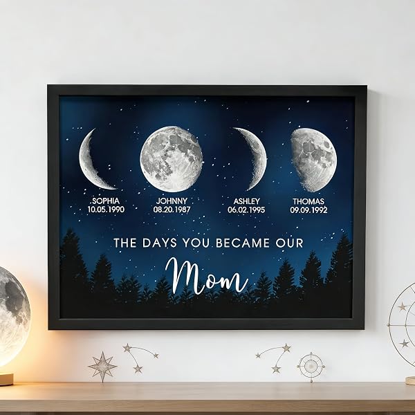 Personalisiertes Mondphasen Wandbild, Leinwand Poster Bild mit Mondphasen nach Datum, Namen & Geburtstagen, Personalisierte Bilderrahmen, Geschenk für Mama zum Muttertag Geburtstag, Wand-Tischdeko - 1