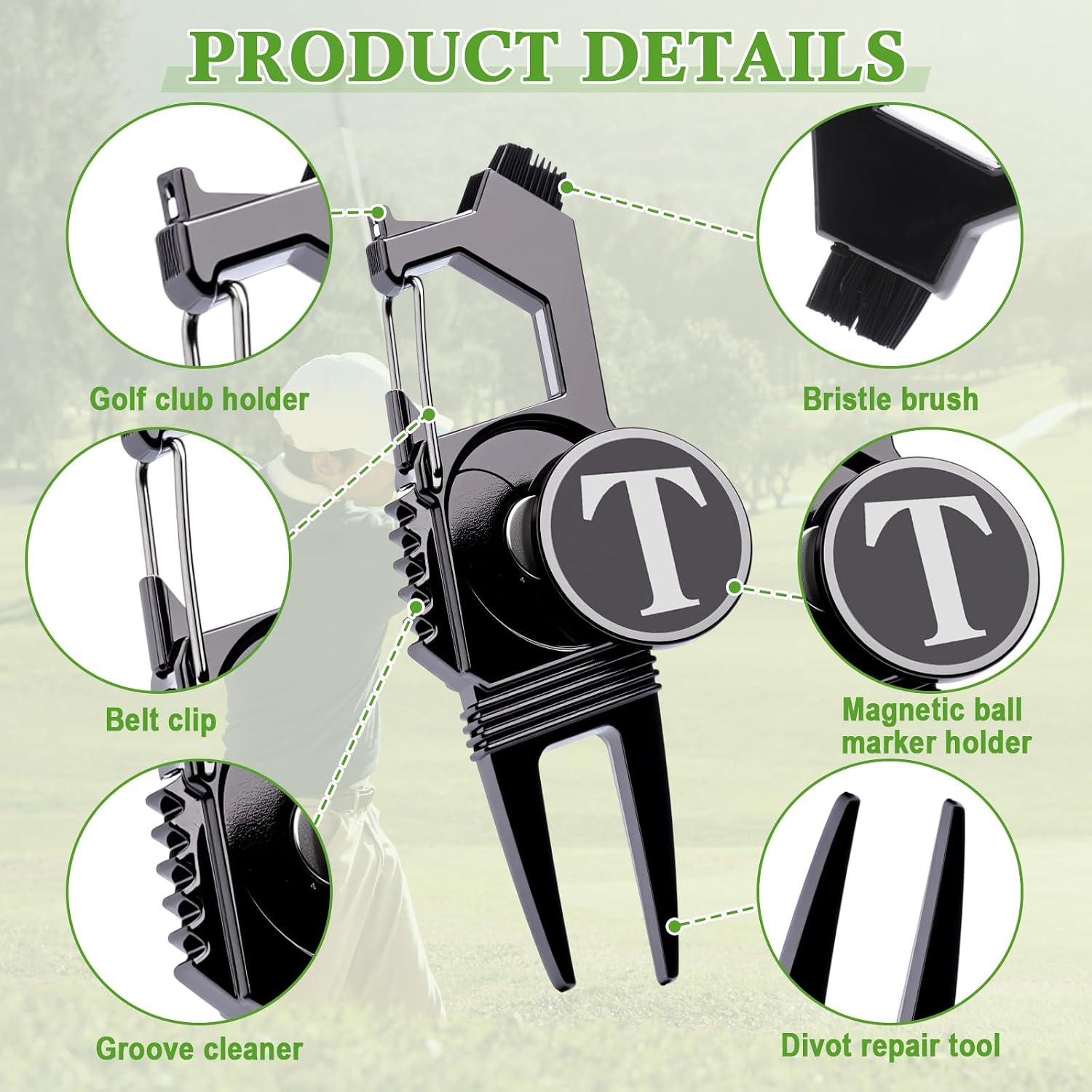  Golf Divot Repair Tool with Letter Ball Marker 6-in-1 Divot Tool Initials Ball Marker, Club Holder, Brush, Clip Buckle, Groove Cleaner Golf Accessories for Men Father Gifts thumbnail