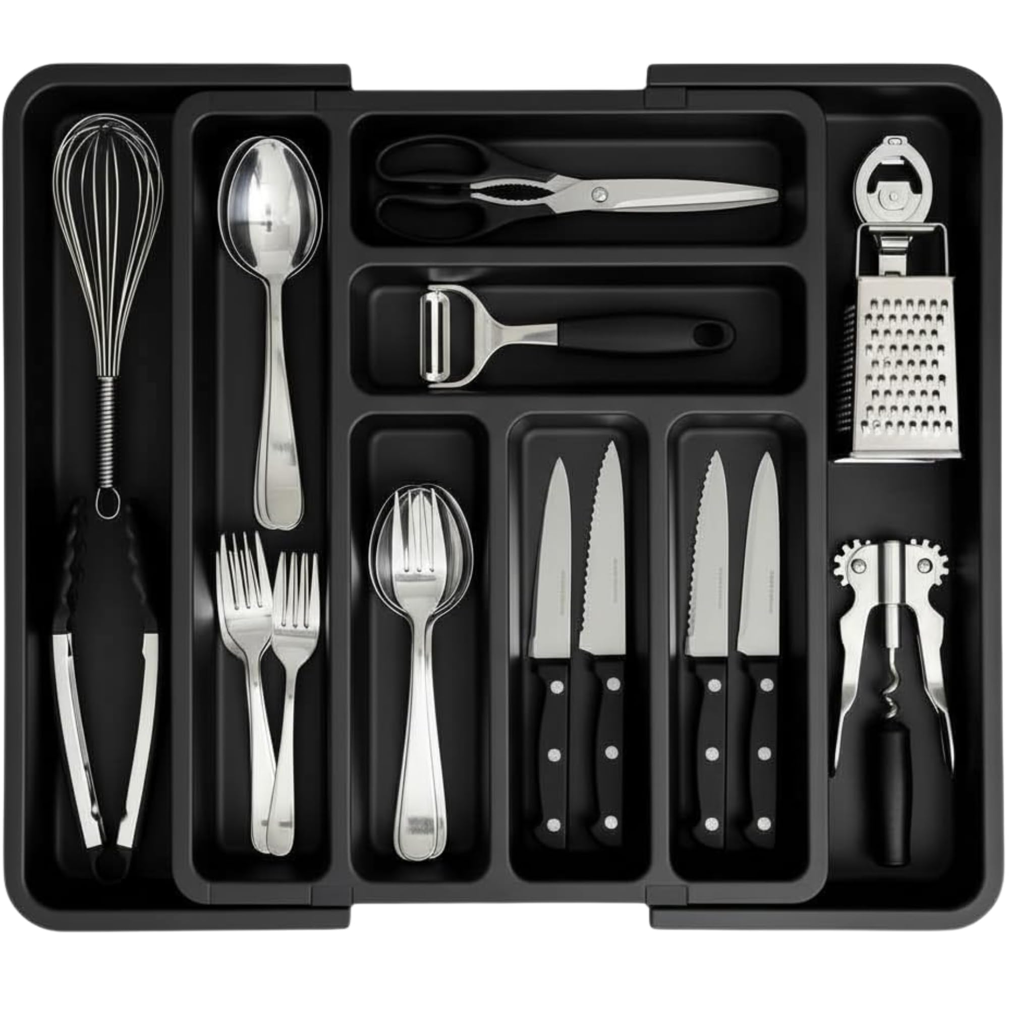 edihome, Cutlery Drawer Organiser, Cutlery Tray, Extendable, with 6 to 8 Compartments, BPA Free, for Kitchen Utensils, Adjustable (Black)