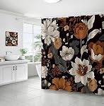 Rideau de douche floral boho noir pour salle de bain, fleurs bohémiennes du milieu du siècle, rideau de douche botanique en tissu, accessoires de salle de bain avec 12 crochets 72x72 po