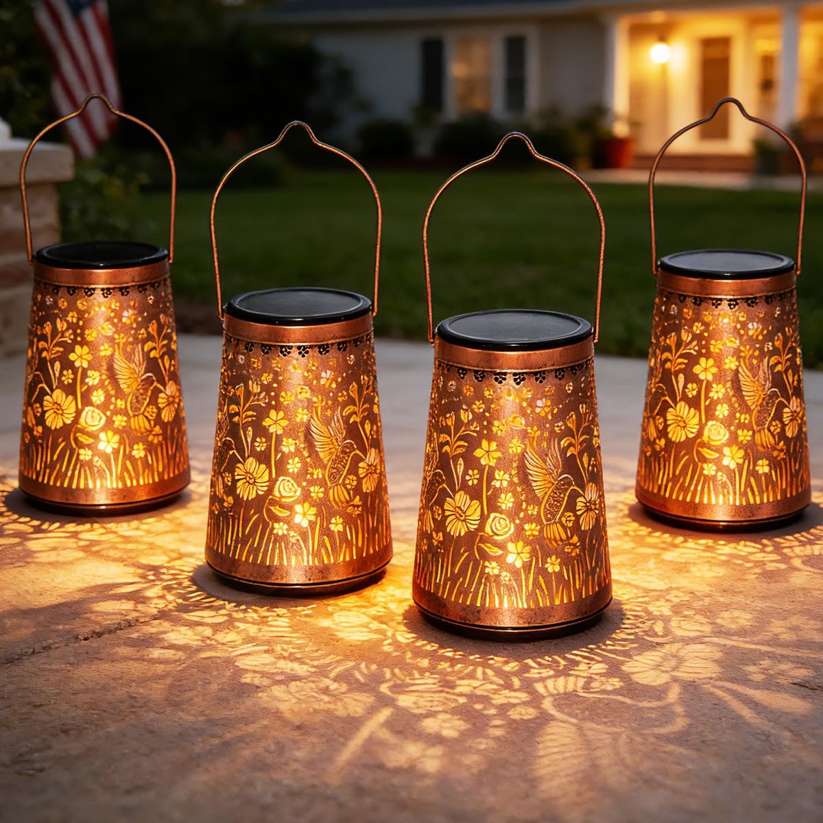 LeiDrail Hummingbird Solar Lanterns Outdoor, 4 Pack Metal Hanging Garden Lights, Waterproof Vintage Copper Decorative Lantern Set for Yard Patio Porch, Gifts for Women Mom Grandma
