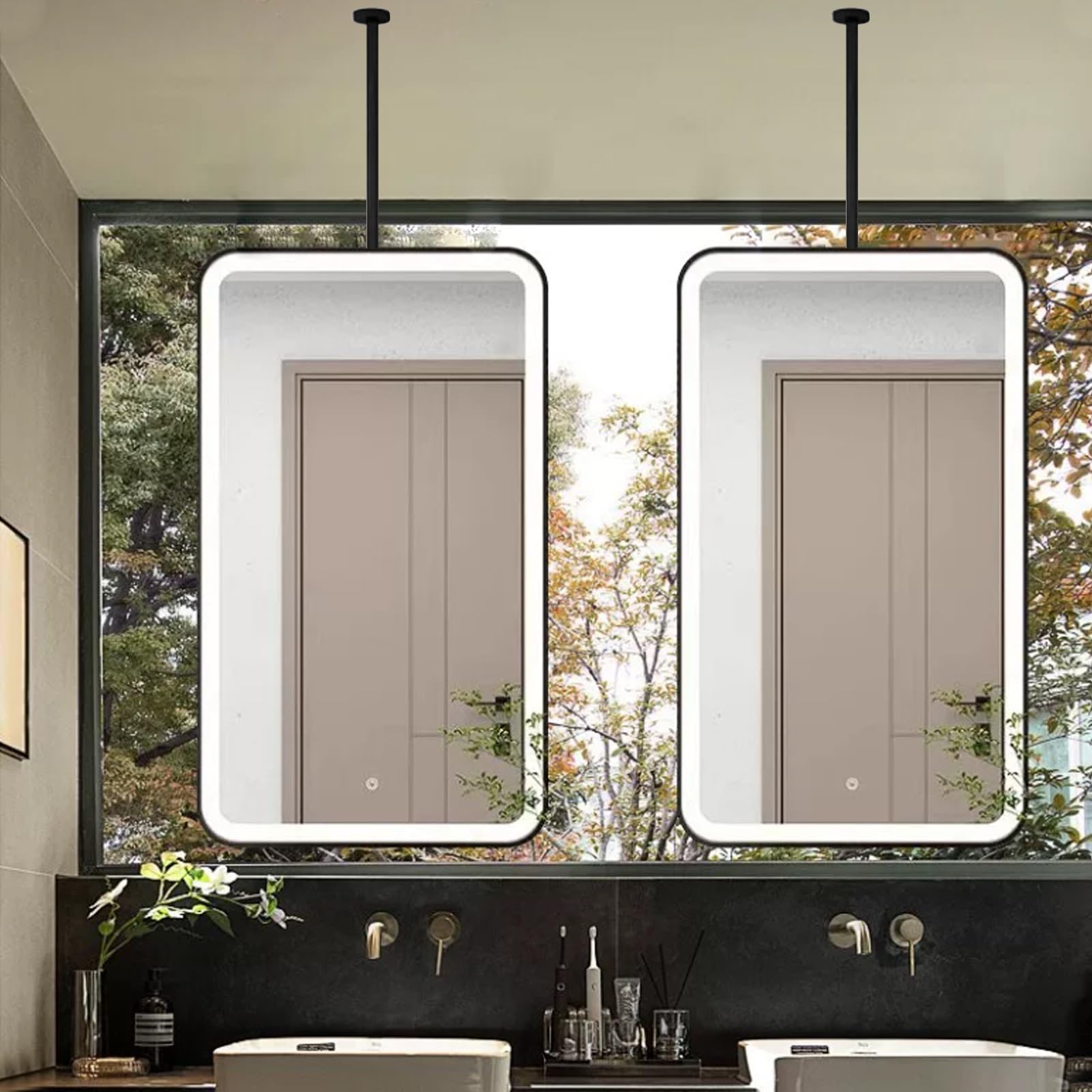 FGXHHS Black for Over Sink，Wall-Mounted Mirrors Ceiling Hanging Suspended with Metal Frame，Rectargular Vanity Makeup Decorative(40cmx60cm)